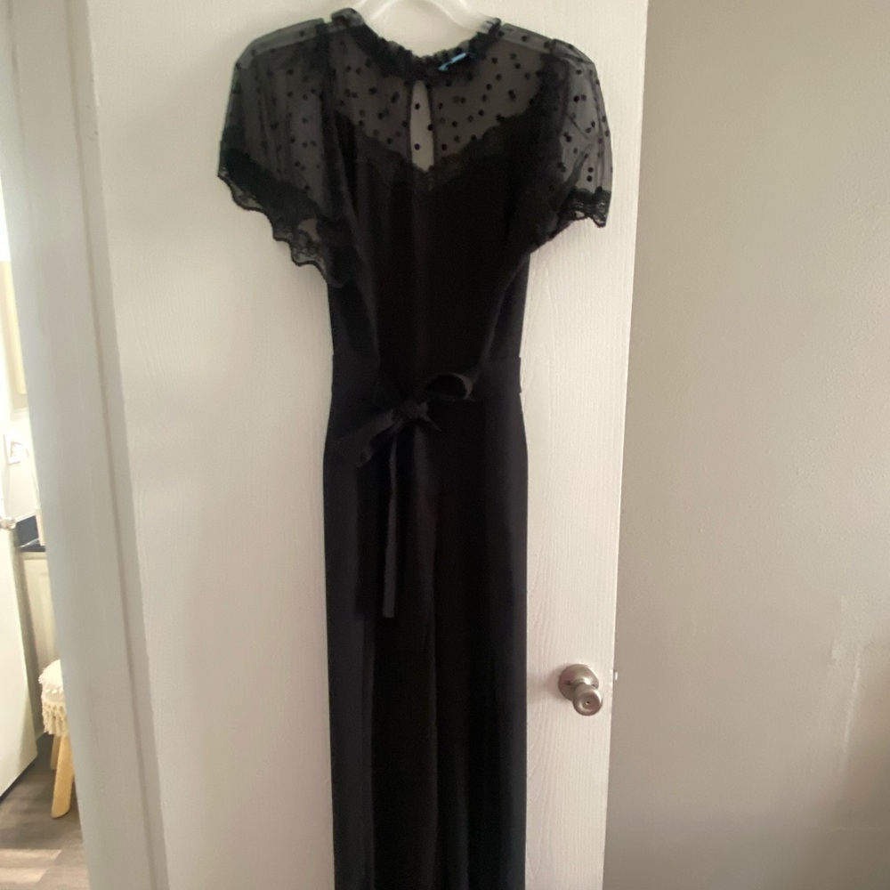 CeCe Black Jumpsuit with Sheer Polka Dot Sleeves